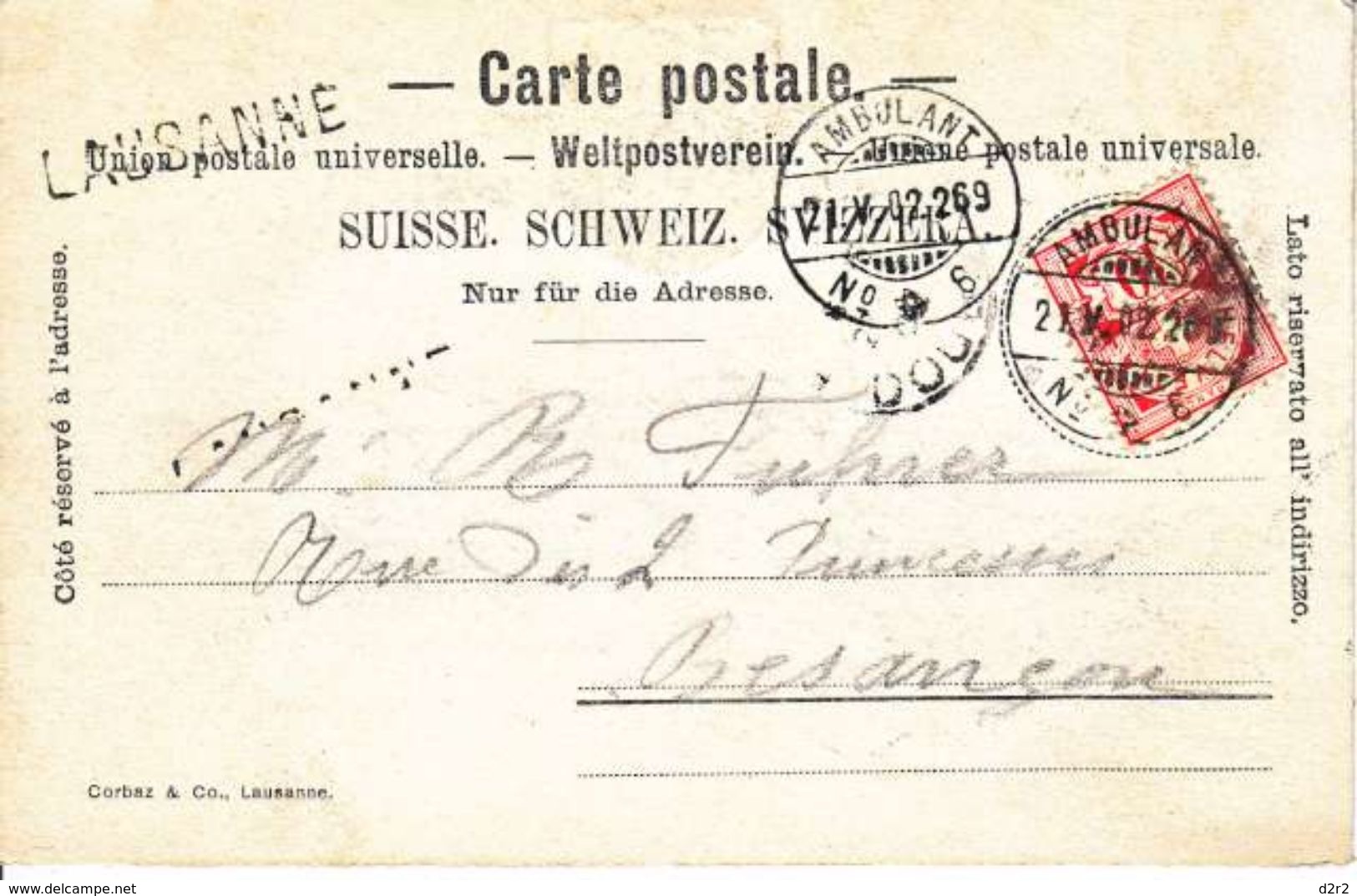 CACHET LINEAIRE DE " LAUSANNE " SUR CARTE POSTALE - 1902 - DOS UNIQUE , LAUSANNE CITE VUE DE LA SOLITUDE - Poststempel