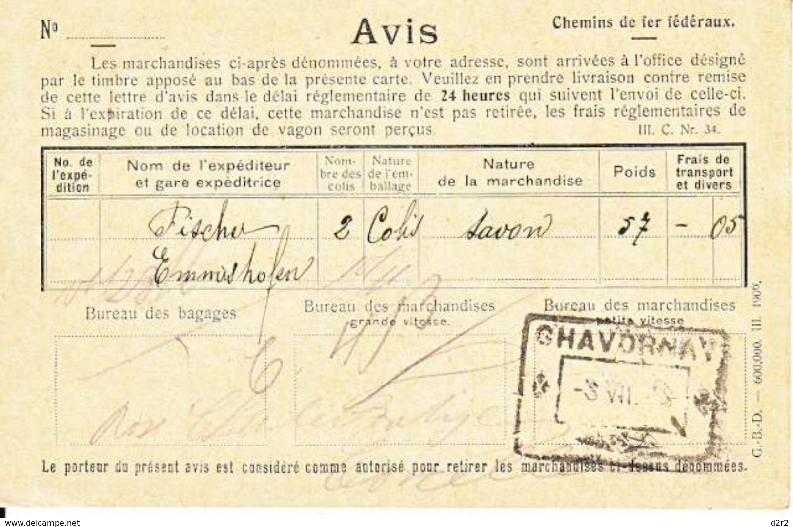 CACHET LINEAIRE DE " CHAVORNAY-GARE" SUR CARTE REPONSE - 1906 - DOS UNIQUE - AVIS DES CHEMINS DE FER FEDERAUX - Marcophilie