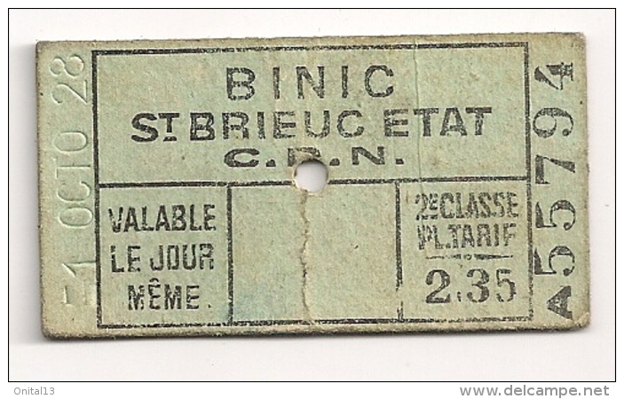 TICKET TRAIN BINIC SAINT  ST BRIEUC ETAT CDN C D N 2EME CLASSE   1928  FROISSURE MILIEU Cpa613 - Europe