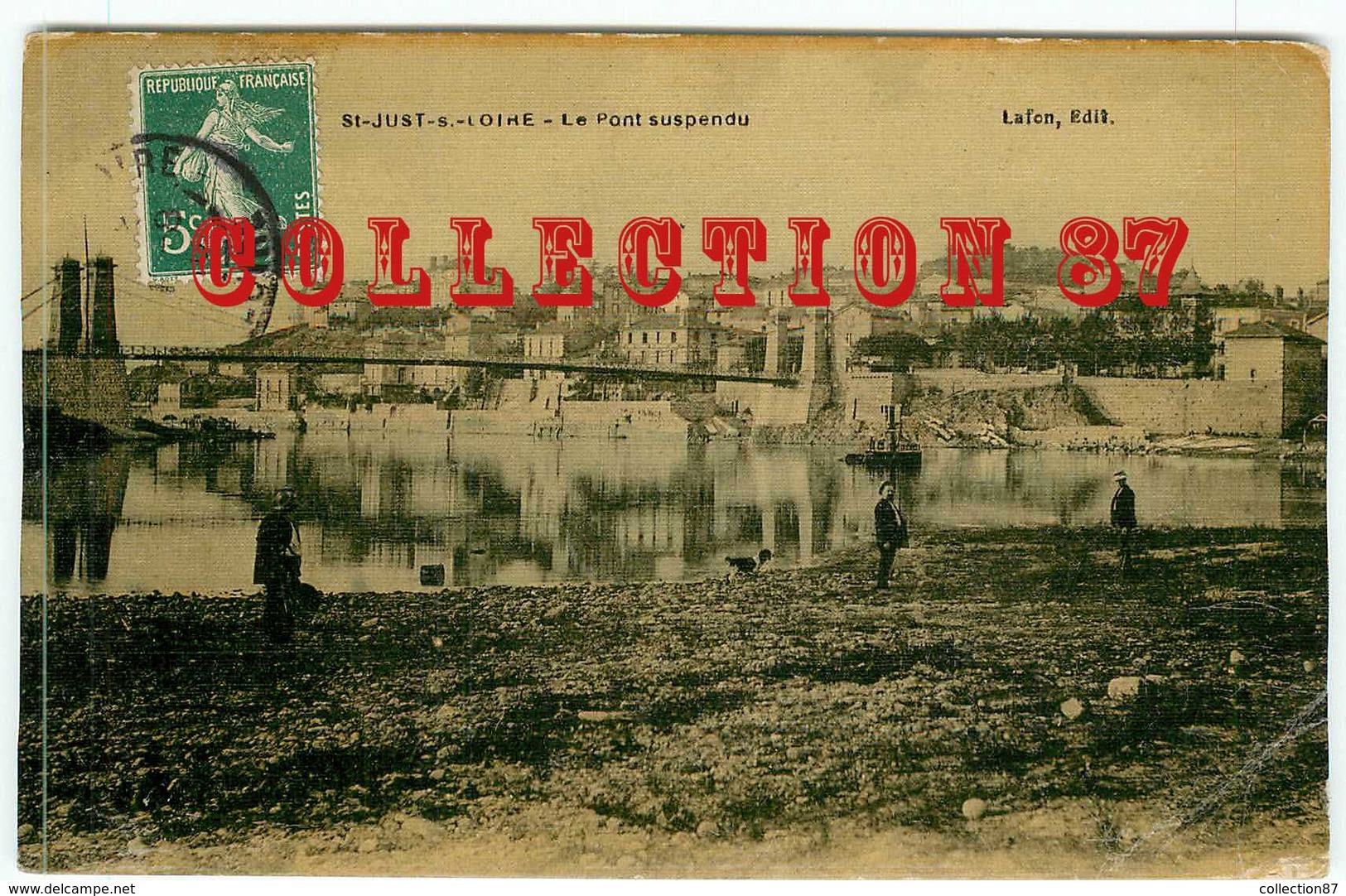 42 - SAINT JUST Sur LOIRE - VISUEL RARE COLORISE Du PONT SUSPENDU - CARTE ANCIENNE VOYAGEE 190X - Saint Just Saint Rambert