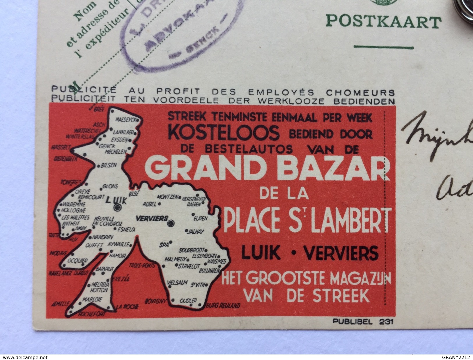 GRAND BAZAR DE LA PLACE ST LAMBERT &VERVIERS " Carte Pretimbrée PUBLIBEL  Nº 231. - Publicité