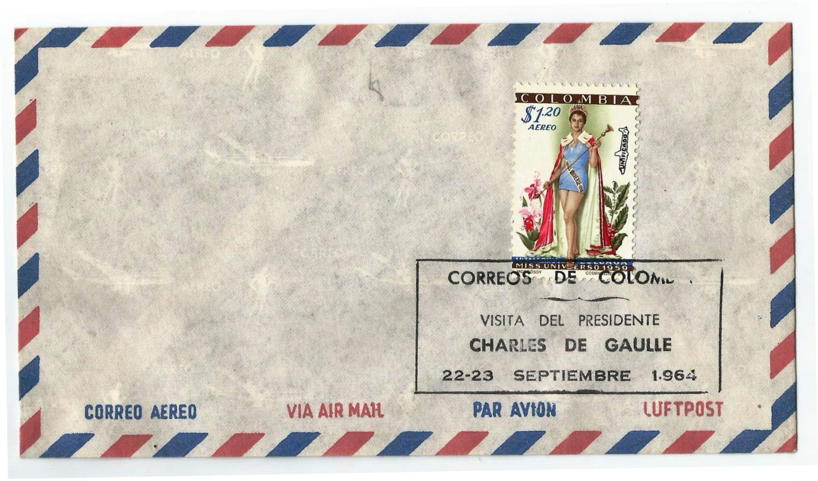 COLOMBIA CONMEMORATIVO 1964 - SOBRE ENVELOP DE CORREO AÉREO ADAPTADO PARA LA CONMEMORACION DE LA VISITA DEL PRESIDENTE - Colombia