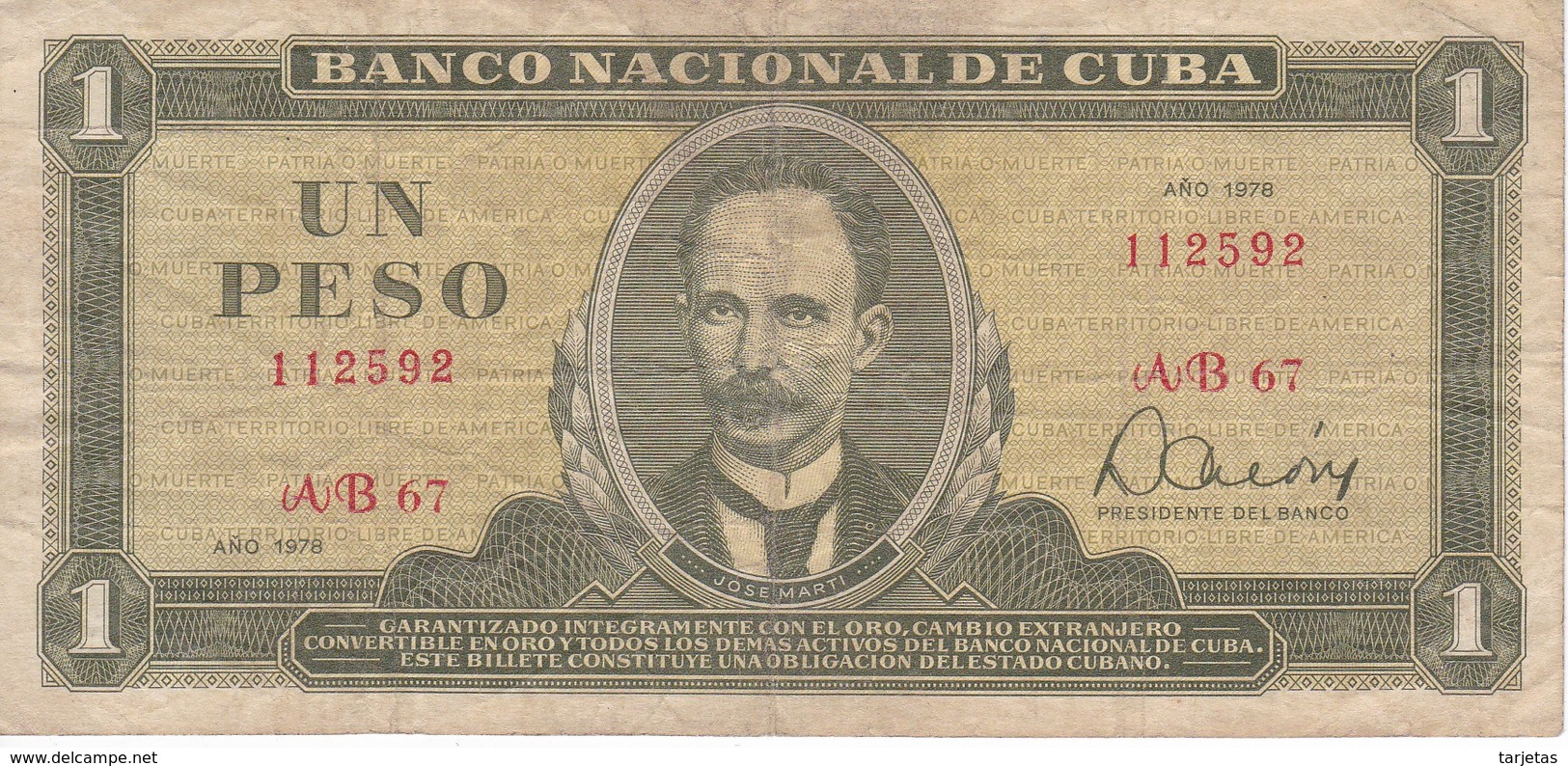 BILLETE DE CUBA DE 1 PESO DEL AÑO 1978 (BANK NOTE)  JOSE MARTI - Cuba