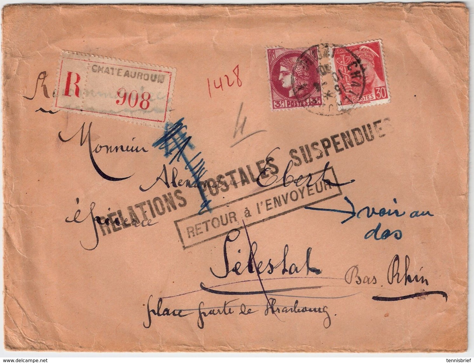 1940, Lettre Reccom. " Relations - Suspendues "  , #8304 - 1921-1960: Période Moderne