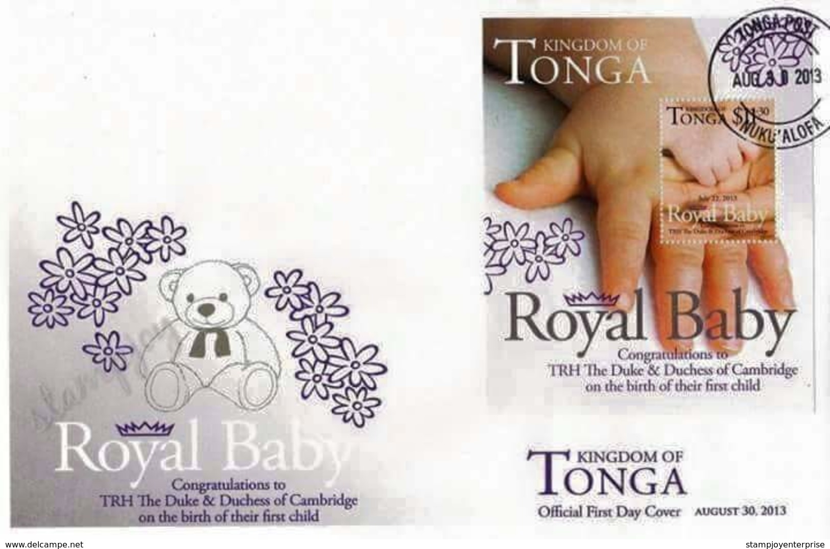 Tonga Royal Baby 2013 Toy Teddy Bear Birth Prince George William Kate Duke (miniature FDC) - Tonga (1970-...)