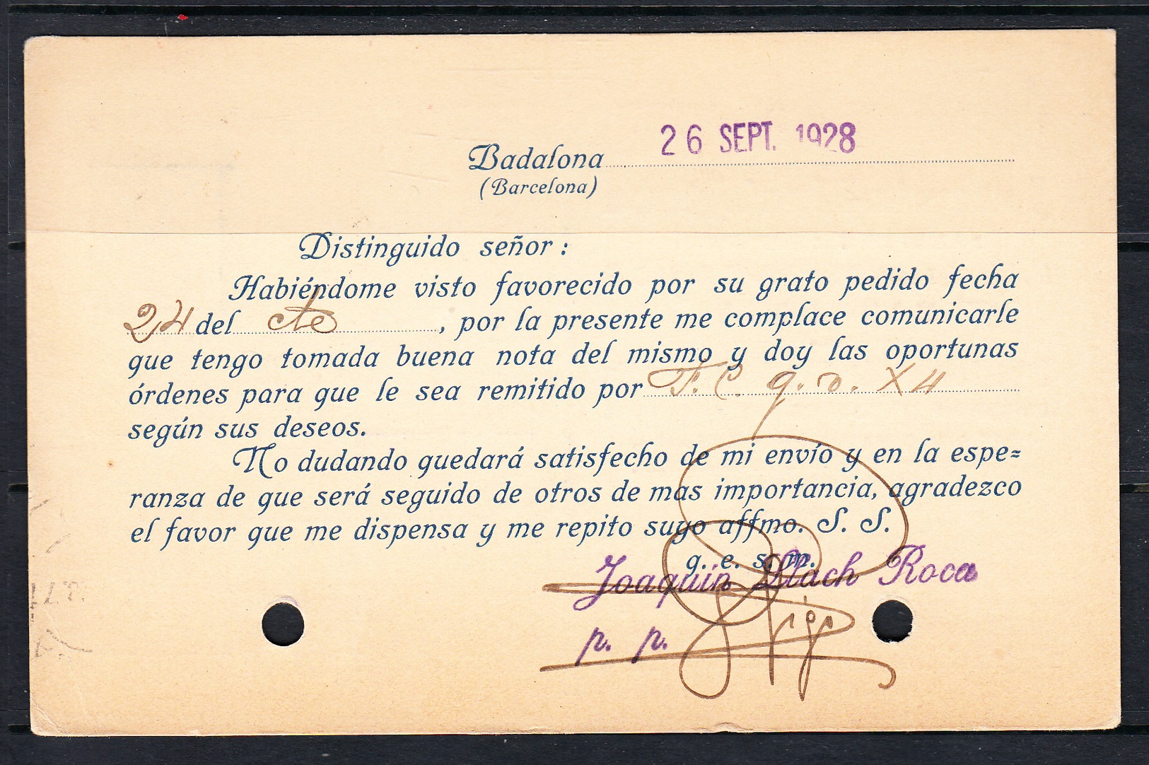 ESPAÑA 1928.TARJETA COMERCIAL JOAQUIN LLACH ROCA . CIRCULADA DE BADALONA   A MALAGA. CECI 11 - Lettres & Documents