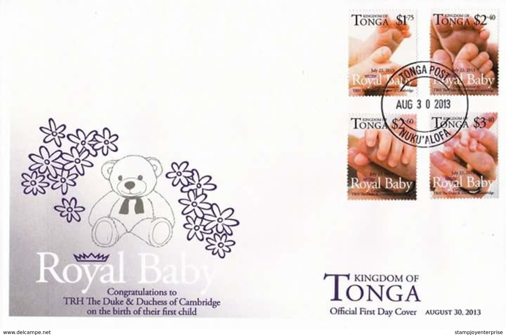 Tonga Royal Baby 2013 Toy Teddy Bear Birth Prince George William Kate Duke (stamp FDC) - Tonga (1970-...)