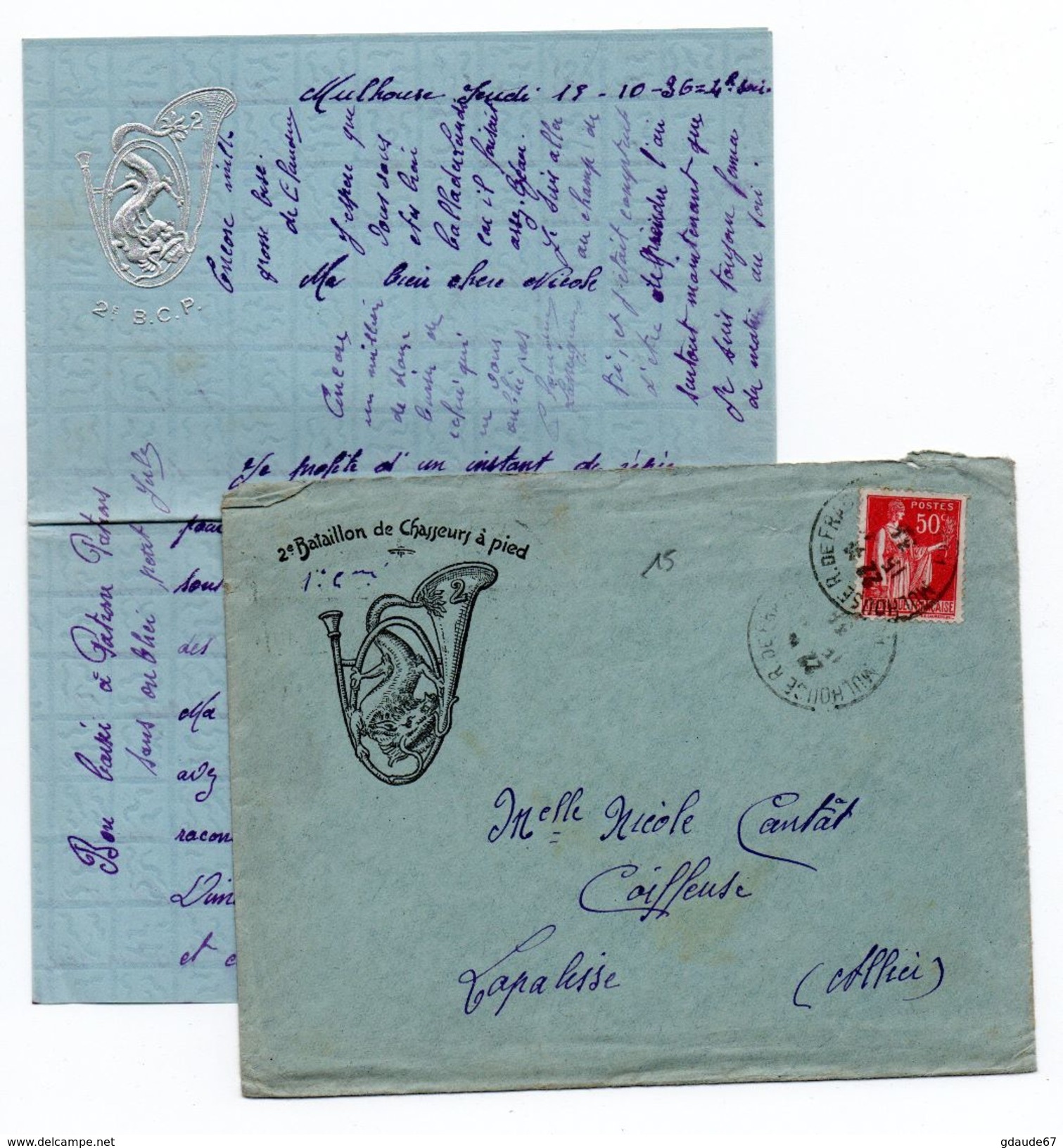 1936 - ENVELOPPE (+ CORRESPONDANCE ILLUSTREE) Du 2° BATAILLON DE CHASSEURS A PIED De MULHOUSE - TYPE PAIX - Military Postmarks From 1900 (out Of Wars Periods)
