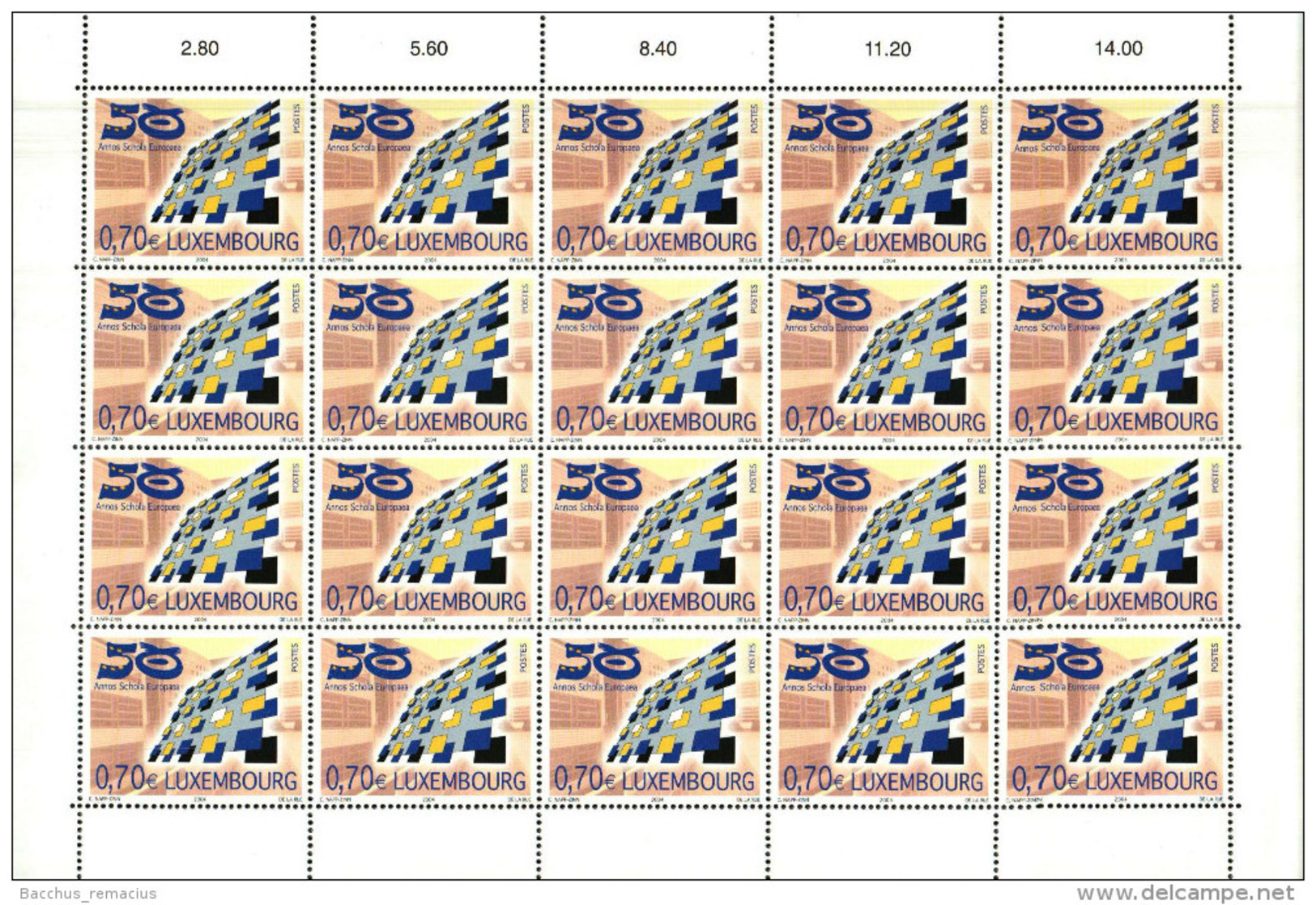 Luxembourg Feuille De 20 Timbres à 0,70 Euro 50 Annos Schola Europaea Ecole Européenne 2004 - Full Sheets
