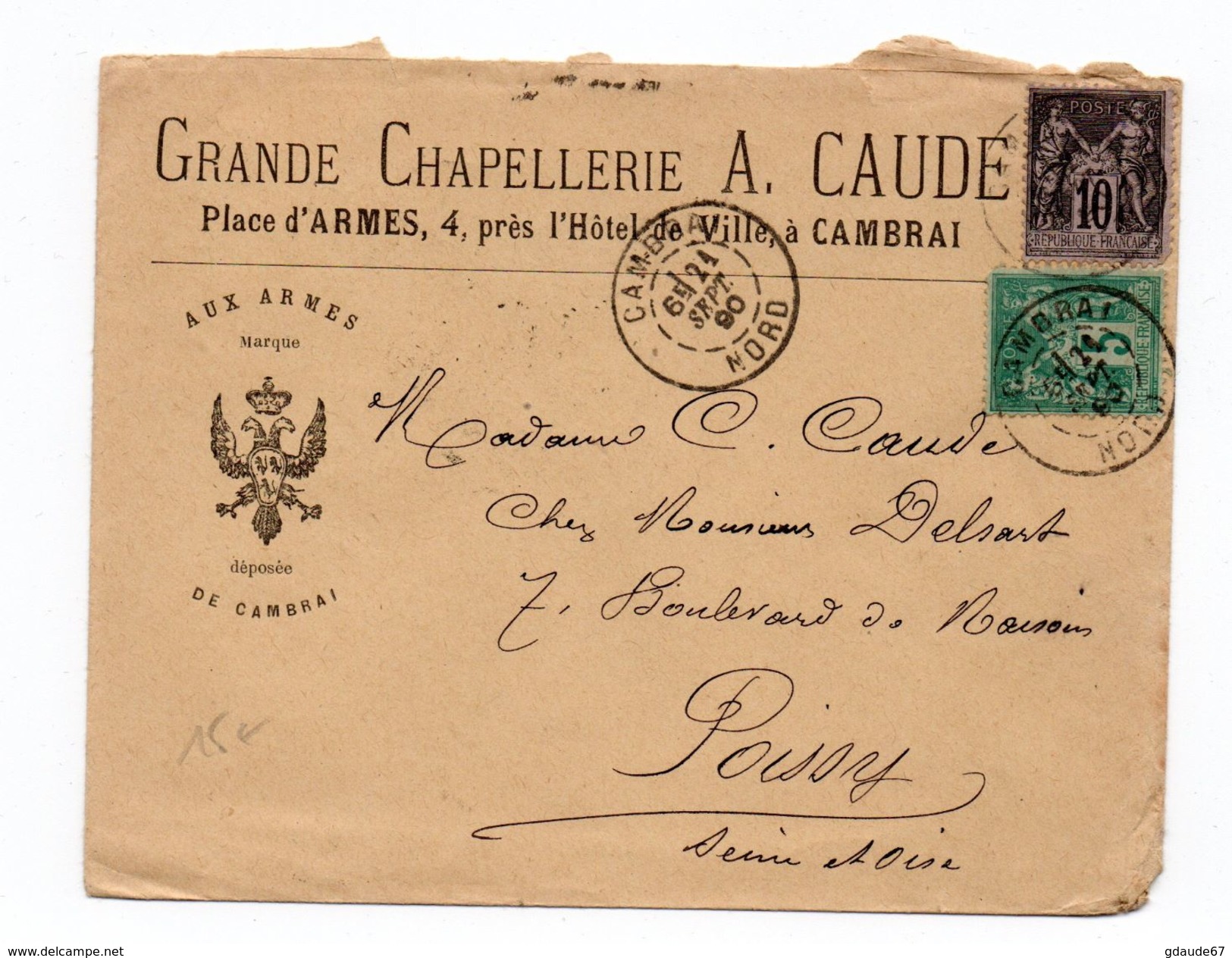 1890 - ENVELOPPE COMMERCIALE De CAMBRAI (NORD) Avec SAGE - 1877-1920: Période Semi Moderne