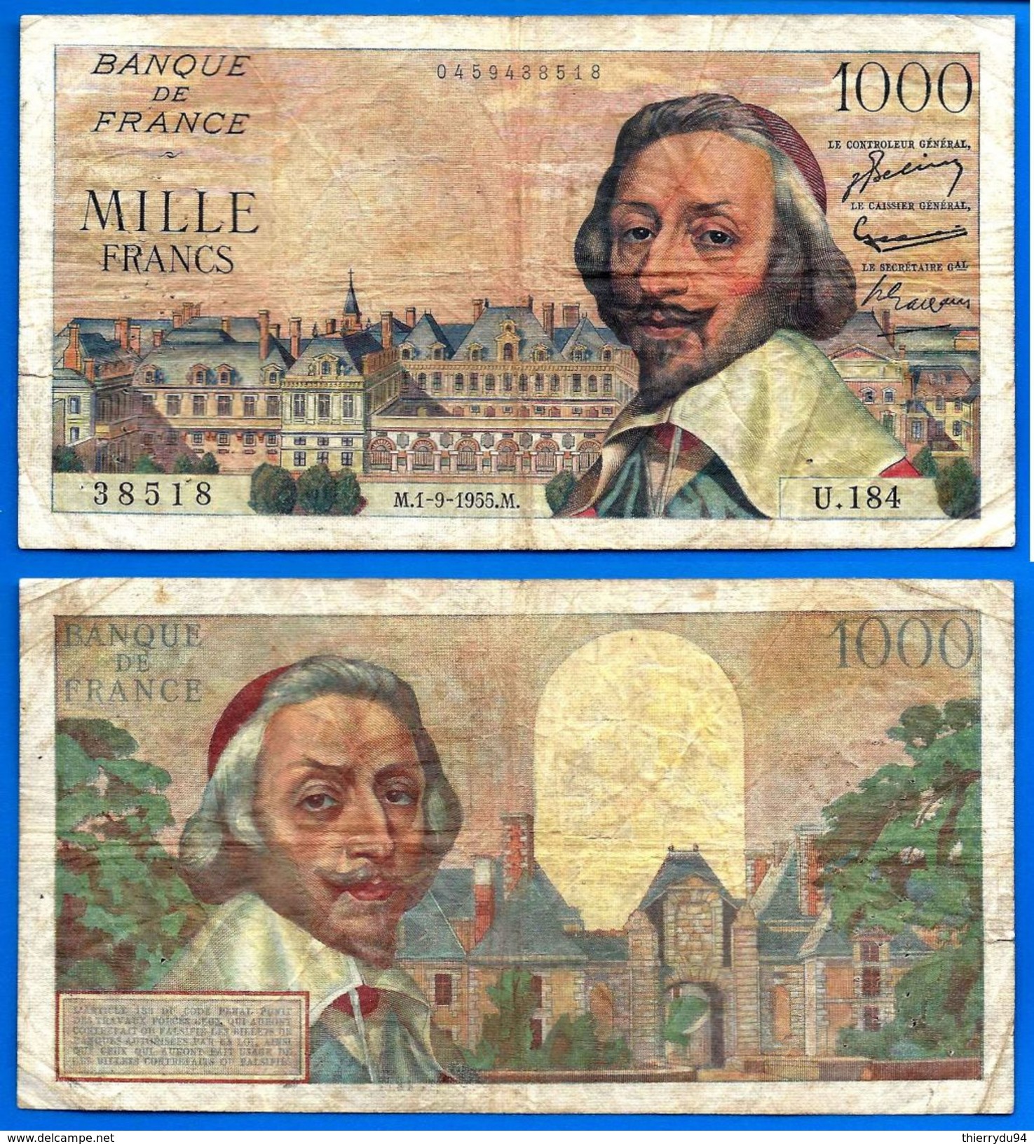 France 1000 Francs 1955 1 Septembre Richelieu Serie U Que Prix + Port Frcs Frc Europe Paypal Skrill Bitcoin OK - 1 000 F 1953-1957 ''Richelieu''