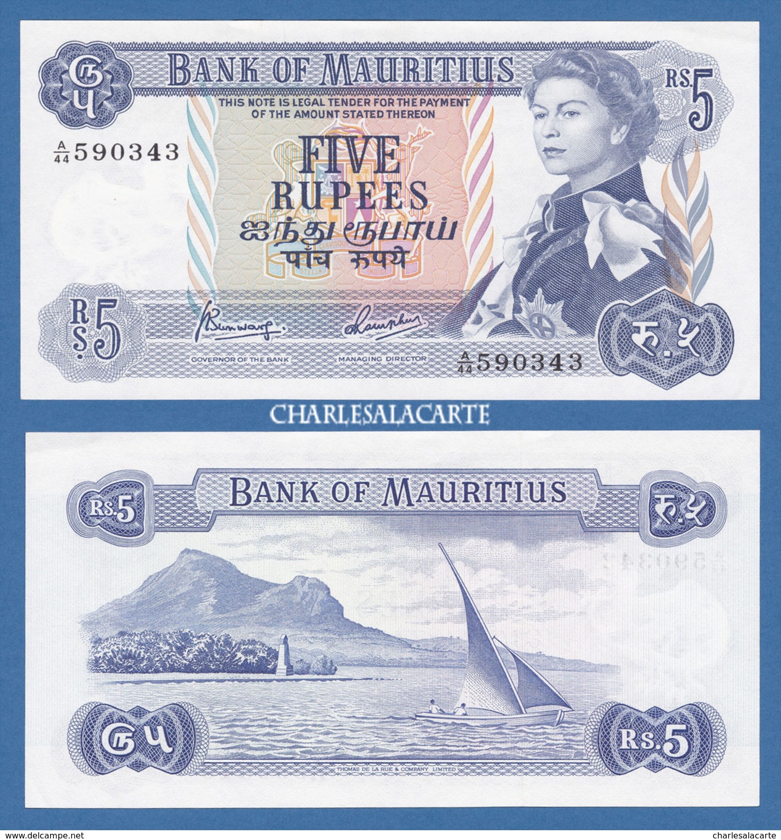1967 MAURITIUS  5 RUPEES  Q.E. II  SAILBOAT 1ST. LANDING MONUMENT  KRAUSE 30c  EXCELLENT ALMOST UNC. CONDITION - Maurice