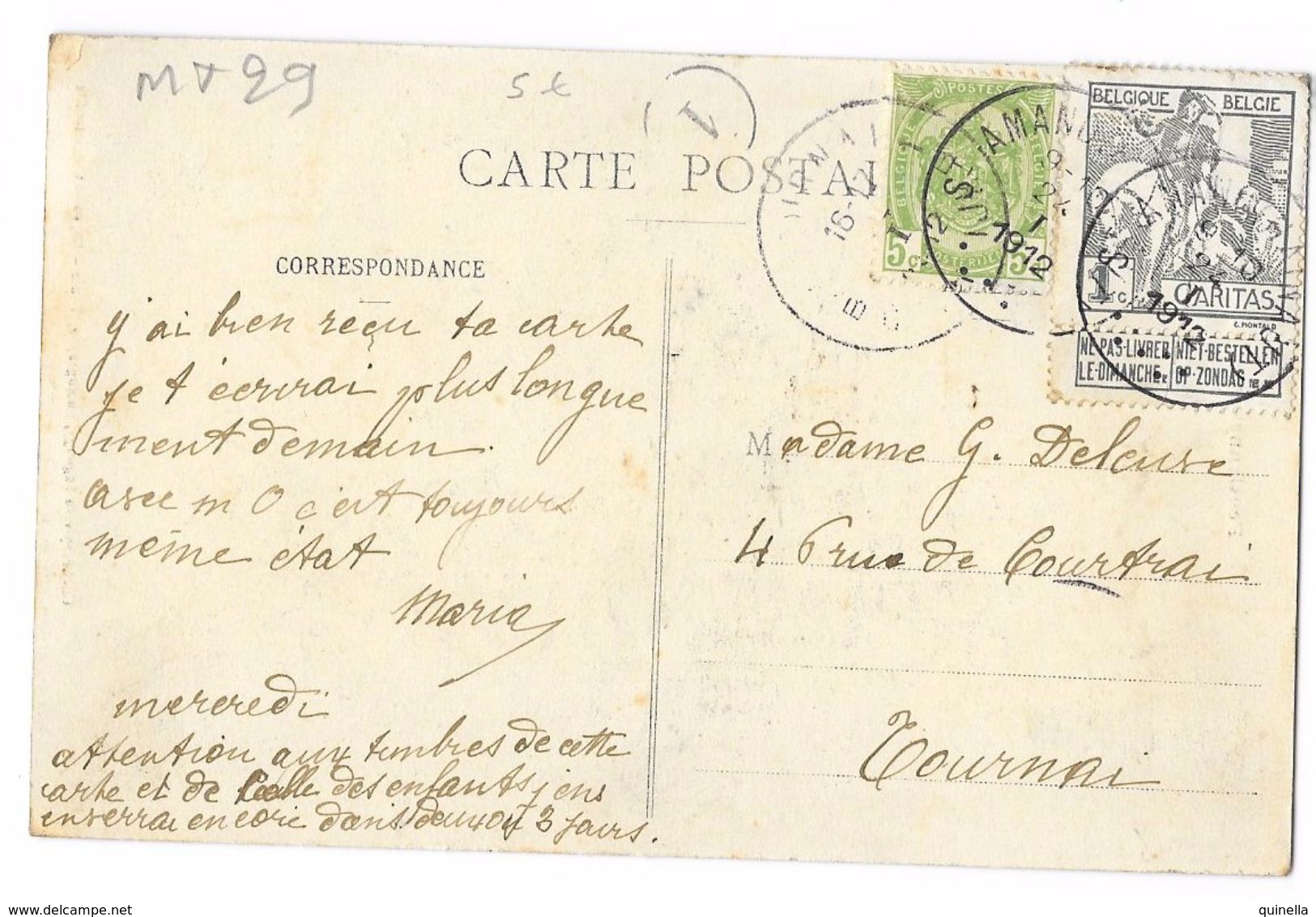 Carte Postal Thuin  (MT29   " CARITAS 2c Type Montald & 1 Timbre De 5 C.  Oblitération 1912 - 1910-1911 Caritas