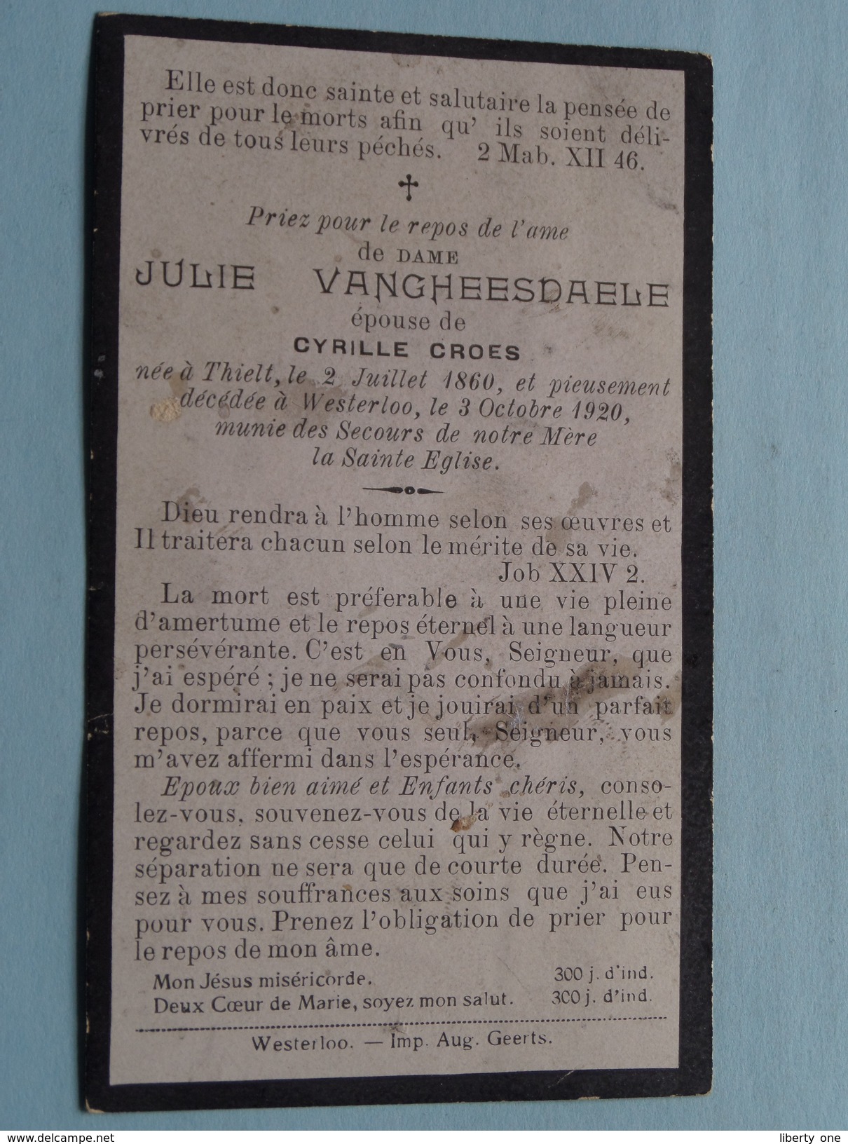 DP Julie VANGHEESDAELE ( Cyrille CROES ) Thielt 2 Juillet 1860 - Westerloo 3 Oct 1920 ! - Obituary Notices