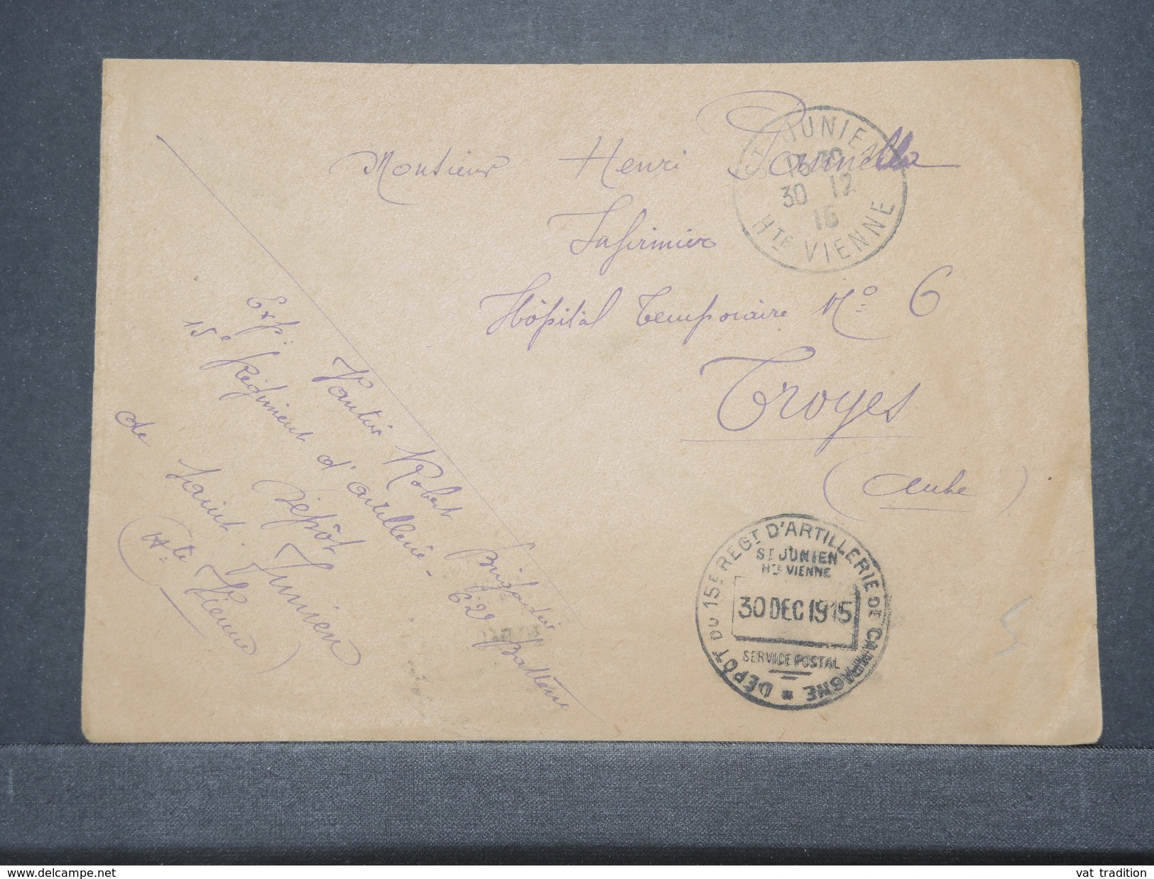 FRANCE - Enveloppe De St Junien En FM Pour Troyes En 1916 - L 8966 - 1. Weltkrieg 1914-1918