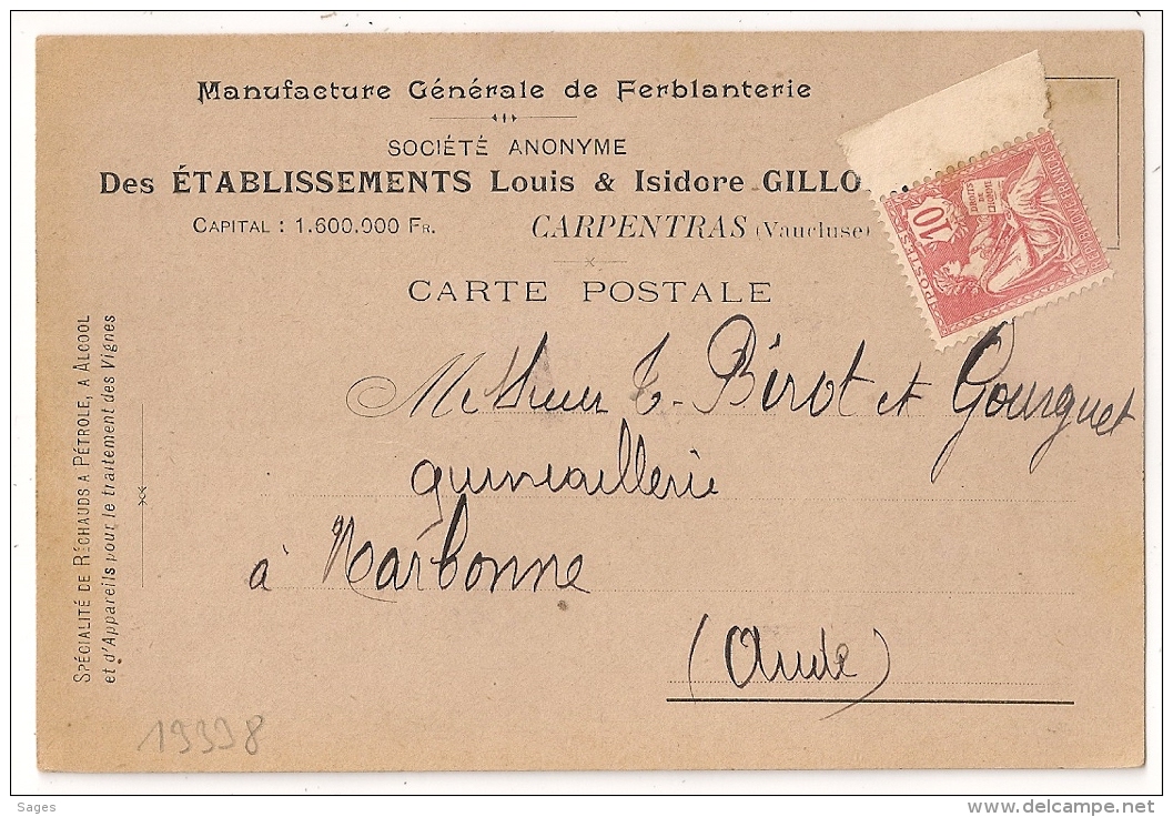 CP Privé FERBLANTERIE CARPENTRAS Vaucluse Au Type MOUCHON  Pour NARBONNE Aude. 1903. - 1877-1920: Periodo Semi Moderno