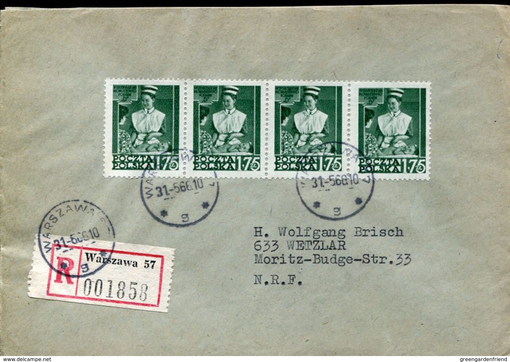 22501 Poland, Circuled Registered Cover 1966 With 4 Stamp  Nurse With Baby - Covers & Documents