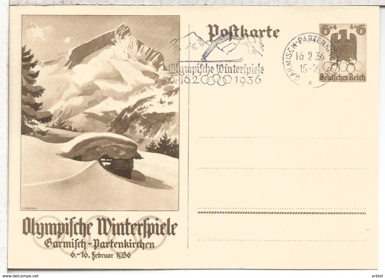 ALEMANIA REICH 1936 ENTERO POSTAL JUEGOS OLIMPICOS INVIERNO GARMISCH PARTENKIRCHEN SKI DEPORTE - Hiver 1936: Garmisch-Partenkirchen