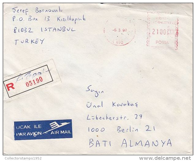 61881- AMOUNT 2100, RED MACHINE STAMPS ON REGISTERED COVER, 1990, TURKEY - Covers & Documents
