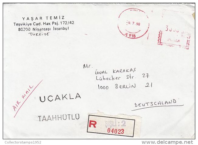 61882- AMOUNT 3000, SISLI, RED MACHINE STAMPS ON REGISTERED COVER, 1990, TURKEY - Covers & Documents