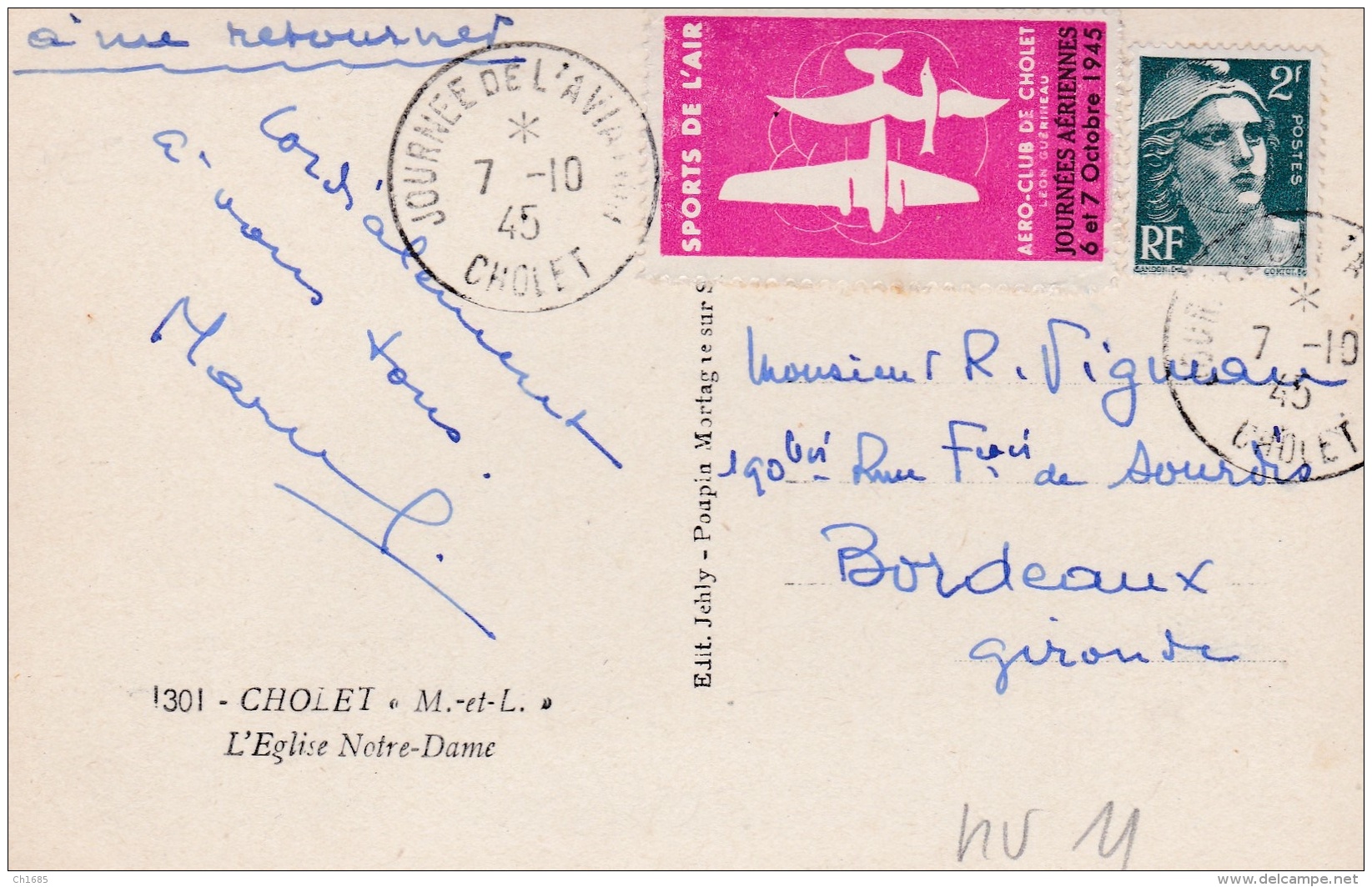 France :  Gandon Et Cachet De La Journée De L'Aviation Cholet 07 10 1945 . Avec Vignette - 1960-.... Cartas & Documentos