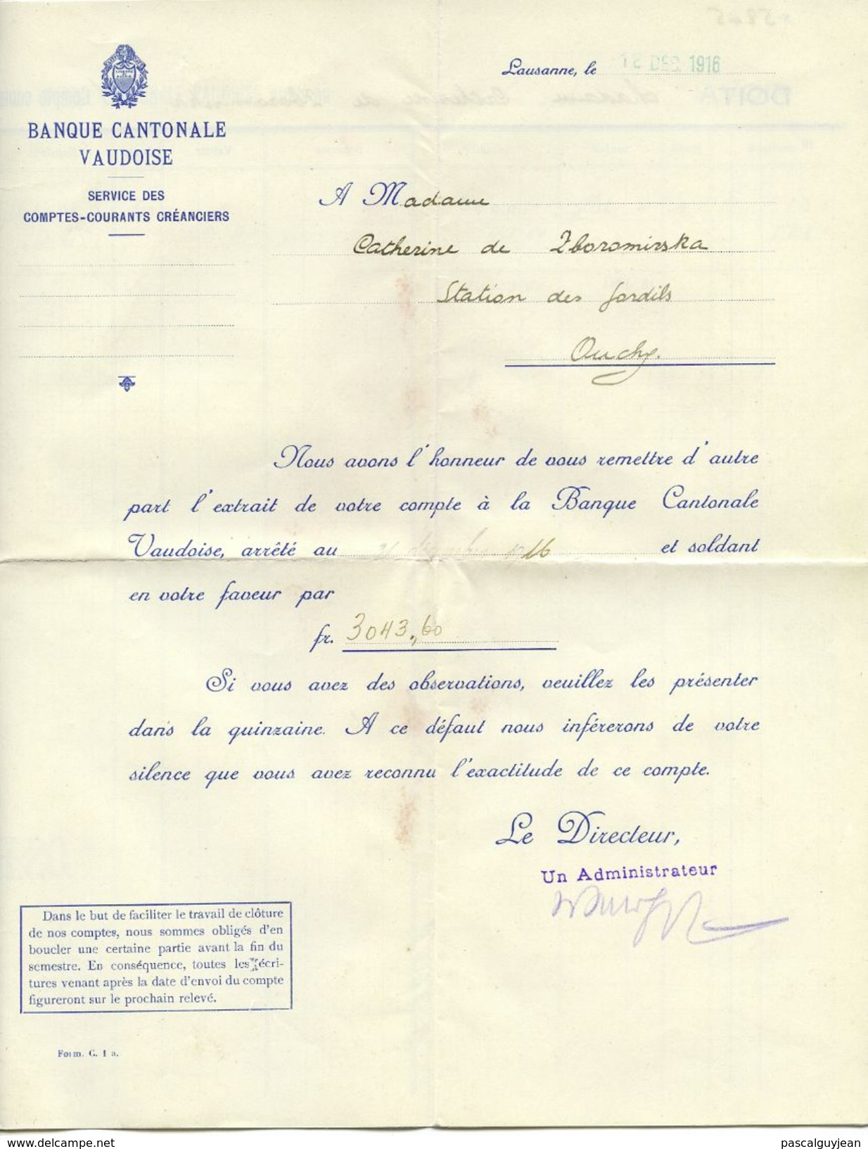 ENSEMBLE DE 27 DOCUMENTS BANQUE CANTONALE VAUDOISE, LAUSANNE - 1916 A 1922 - Schweiz