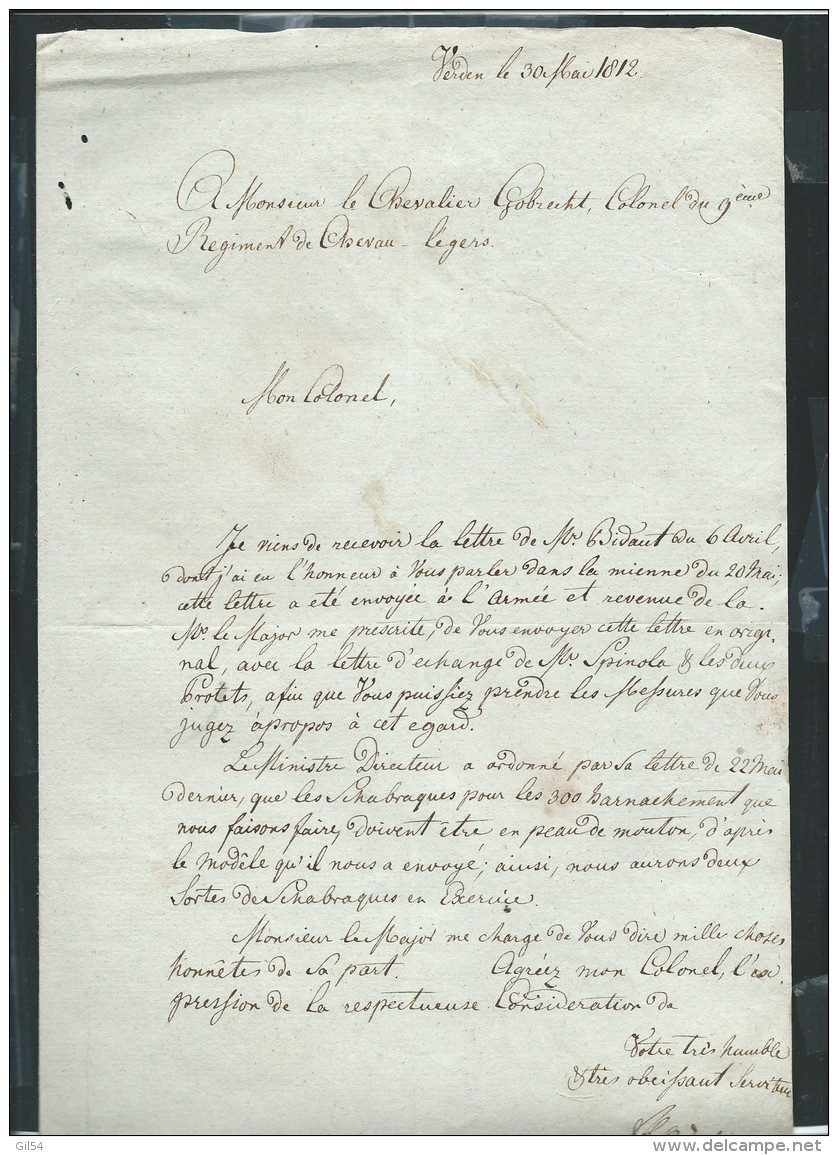 dossier historique  correspondance et divers du general Gobrecht  et du 2è regt de chevaux leger lire détail vif224