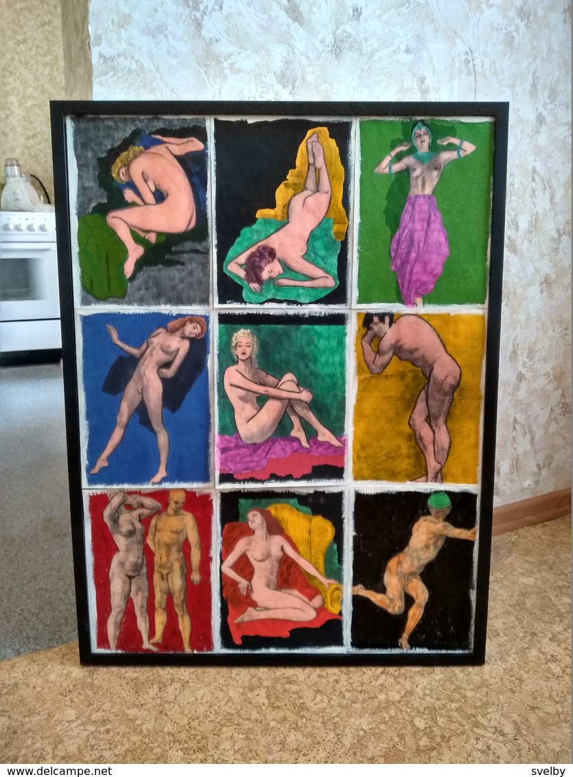 Hand-made Painting Collage With Nude Women And Men - Pastels