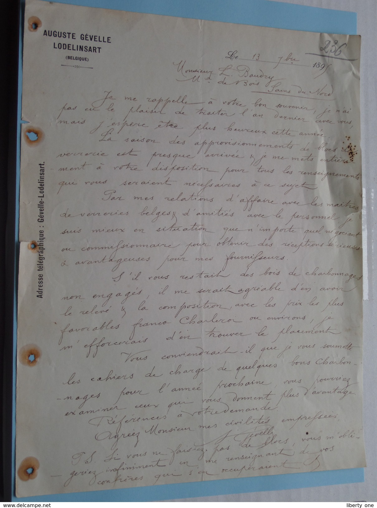 Auguste Gévelle LODELINSART ( Lettre ) > Mr. Bouvry De Bois Sains Du Nord (?) 189? ! - 1800 – 1899