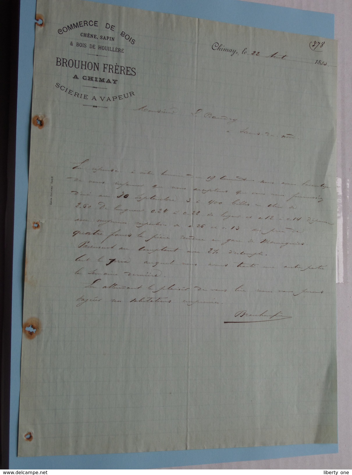 BROUHON Frères A CHIMAY ( Commerce De Bois ) > Mr. Baudry De Bois Sains Du Nord 1883 ! - 1800 – 1899