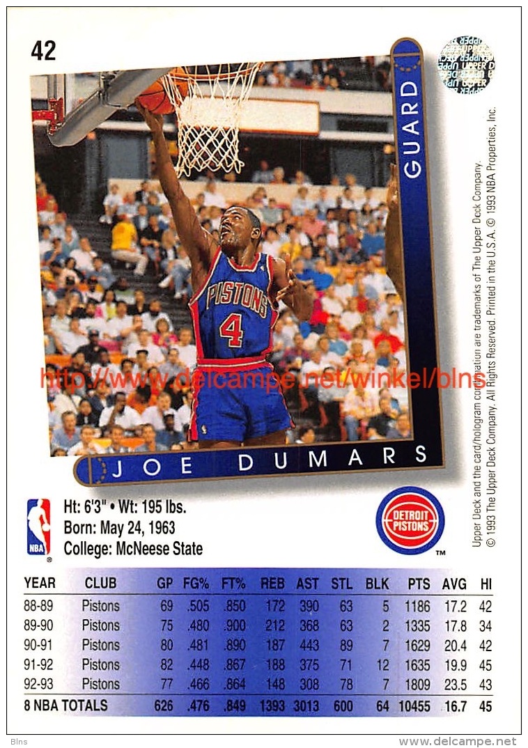 Upper Deck 93/94 Nr: &nbsp;42 Joe Dumars&nbsp; - 1990-1999