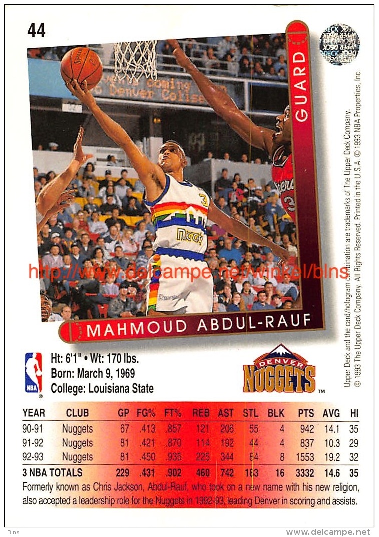 Upper Deck 93/94 Nr: &nbsp;44 Mahmoud Abdul-Rauf&nbsp; - 1990-1999