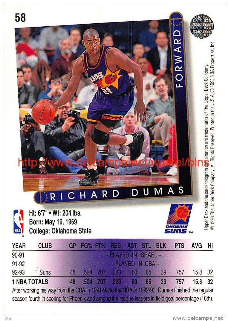 Upper Deck 93/94 Nr: &nbsp;58 Richard Dumas&nbsp; - 1990-1999