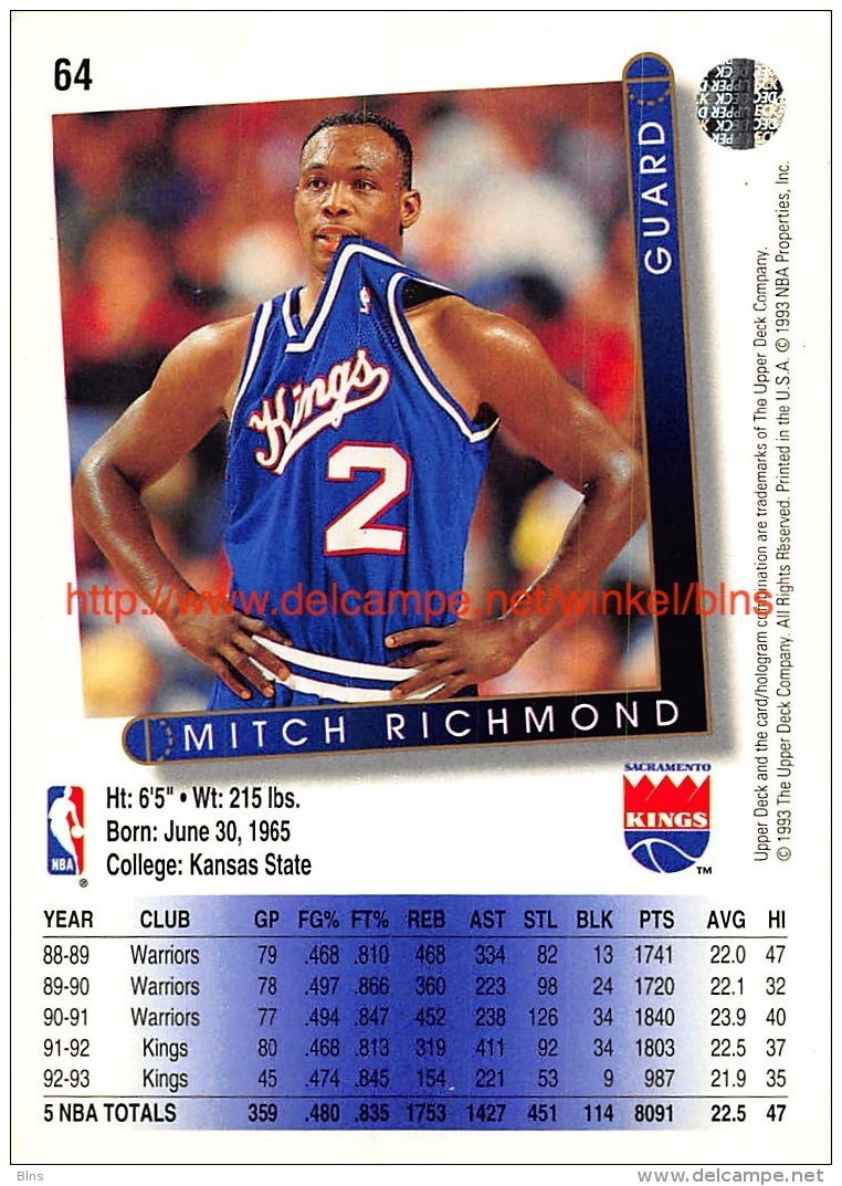 Upper Deck 93/94 Nr: &nbsp;64 Mitch Richmond&nbsp; - 1990-1999