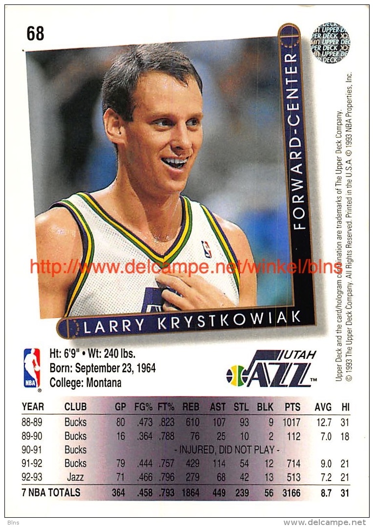 Upper Deck 93/94 Nr: &nbsp;68 Larry Krystkowiak&nbsp; - 1990-1999