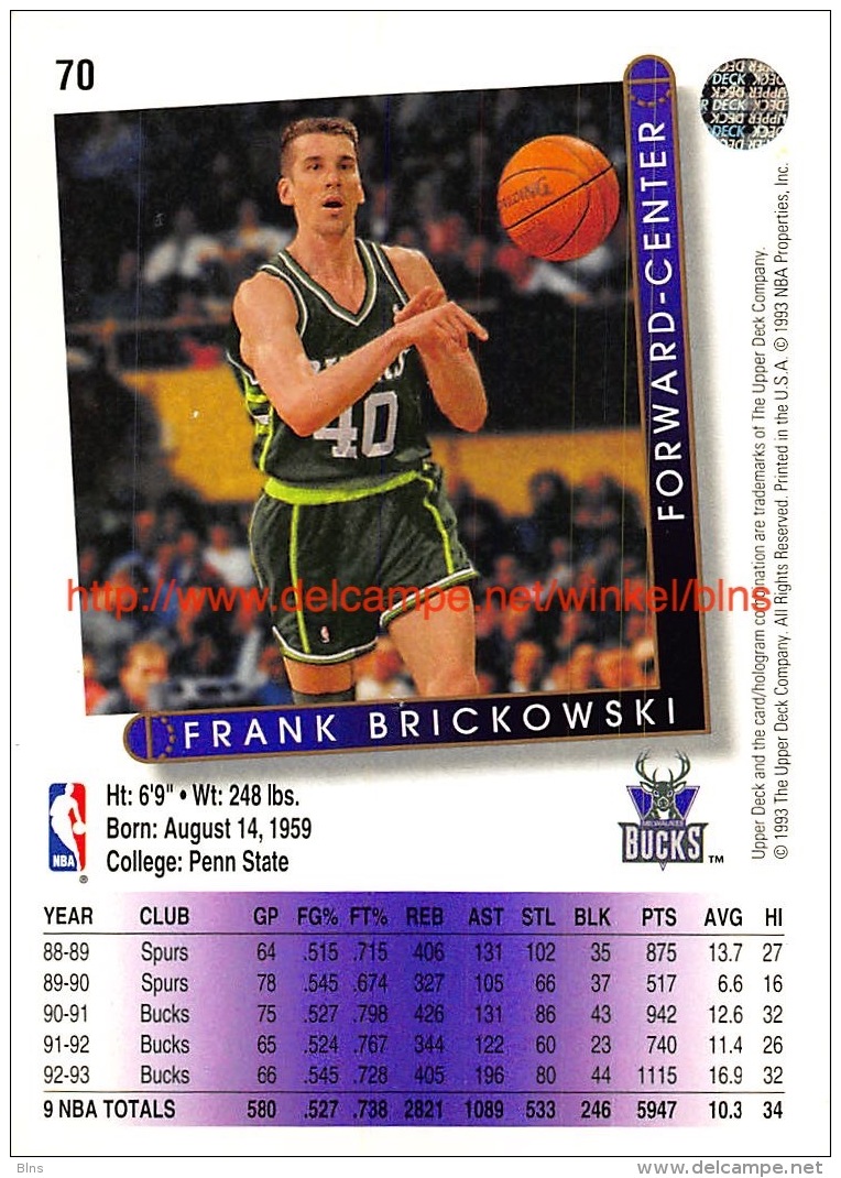 Upper Deck 93/94 Nr: &nbsp;70 Frank Brickowski&nbsp; - 1990-1999