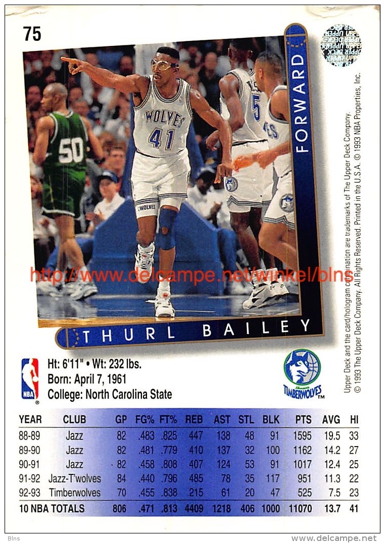 Upper Deck 93/94 Nr: &nbsp;75 Thurl Bailey&nbsp; - 1990-1999