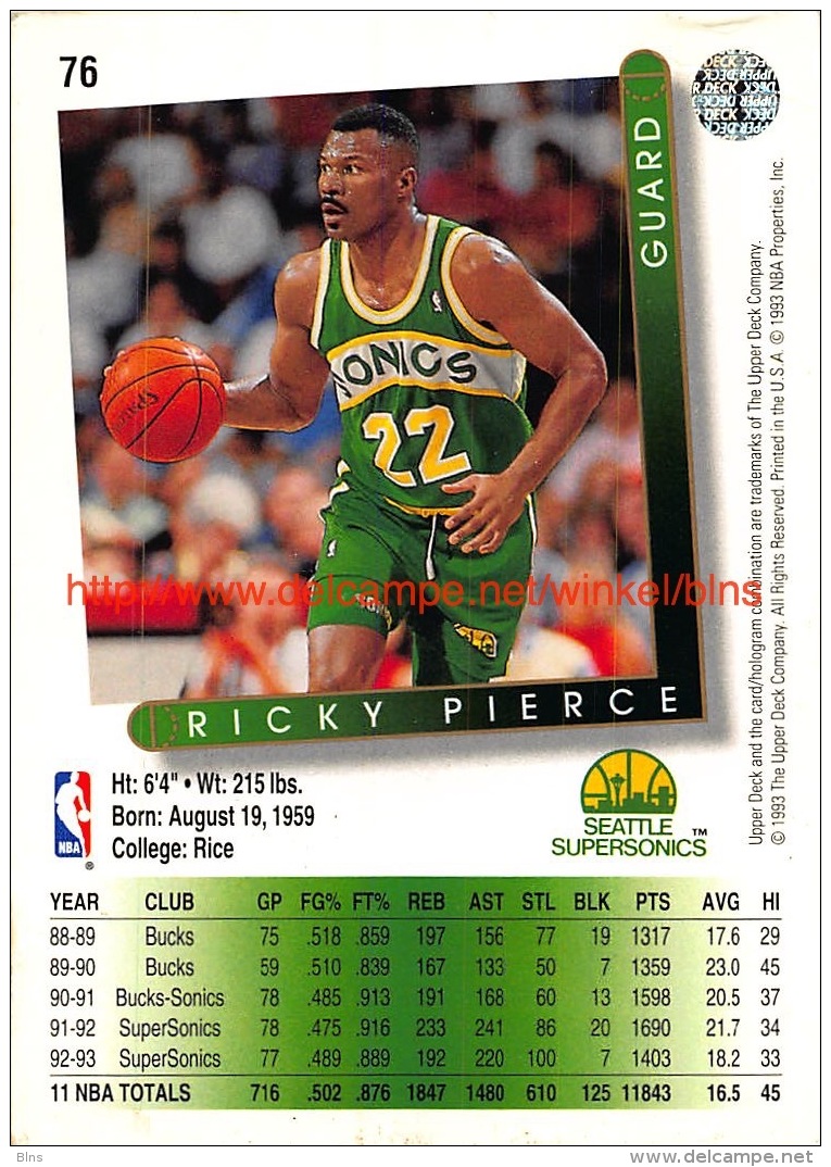 Upper Deck 93/94 Nr: &nbsp;76 Ricky Pierce&nbsp; - 1990-1999