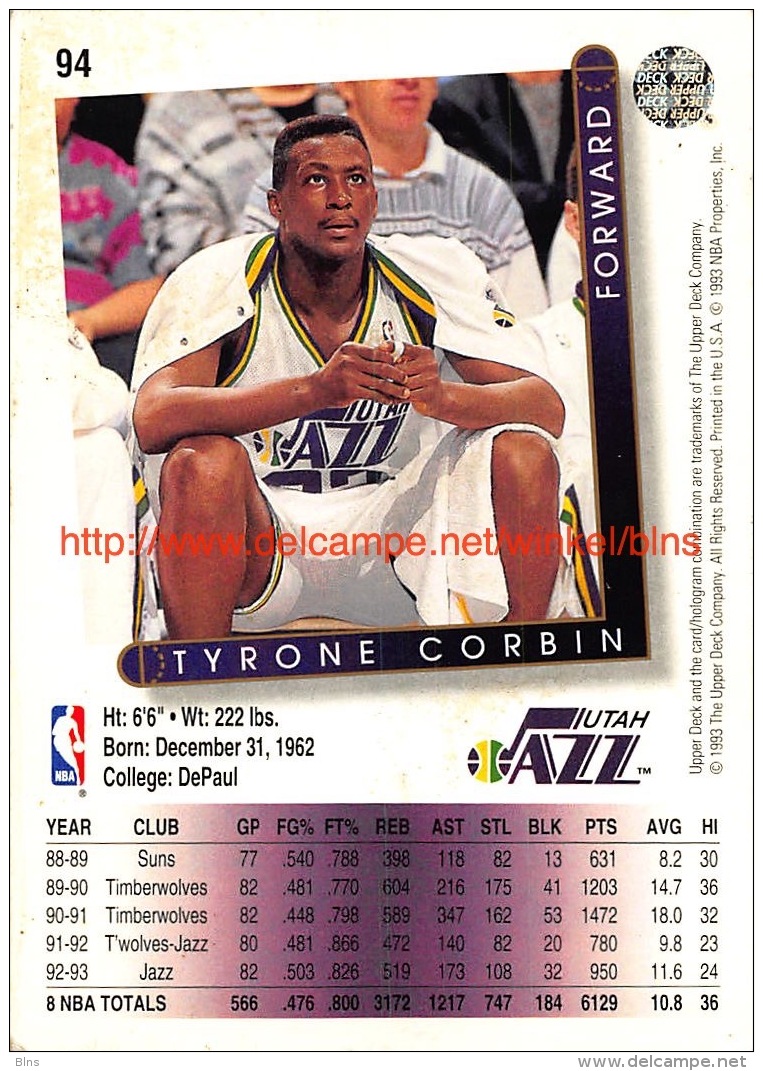 Upper Deck 93/94 Nr: &nbsp;94 Tyrone Corbin&nbsp; - 1990-1999