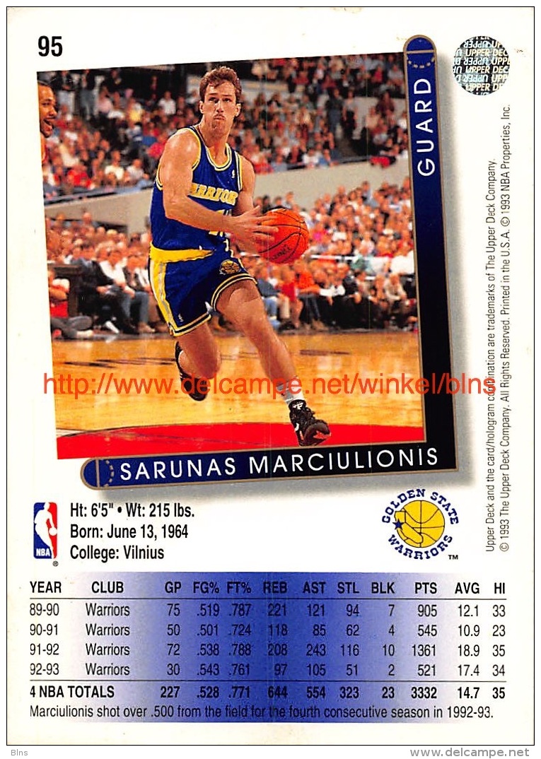 Upper Deck 93/94 Nr: &nbsp;95 Sarunas Marciulionis&nbsp; - 1990-1999