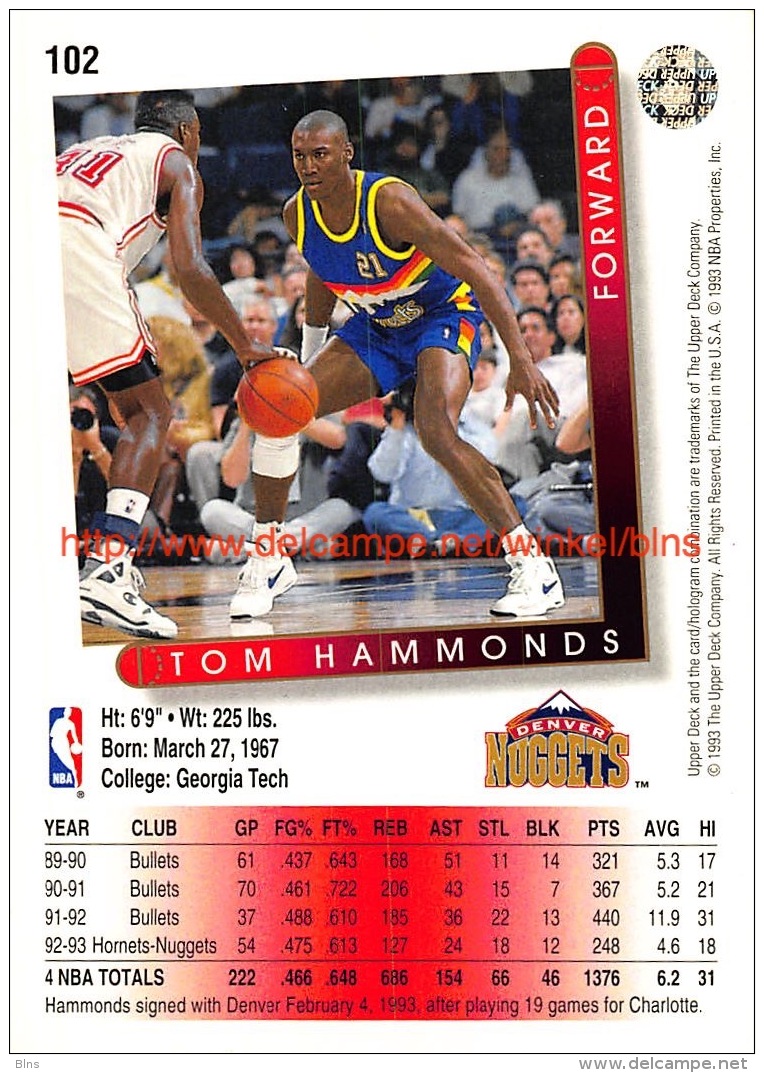 Upper Deck 93/94 Nr: &nbsp;102 Tom Hammonds&nbsp; - 1990-1999