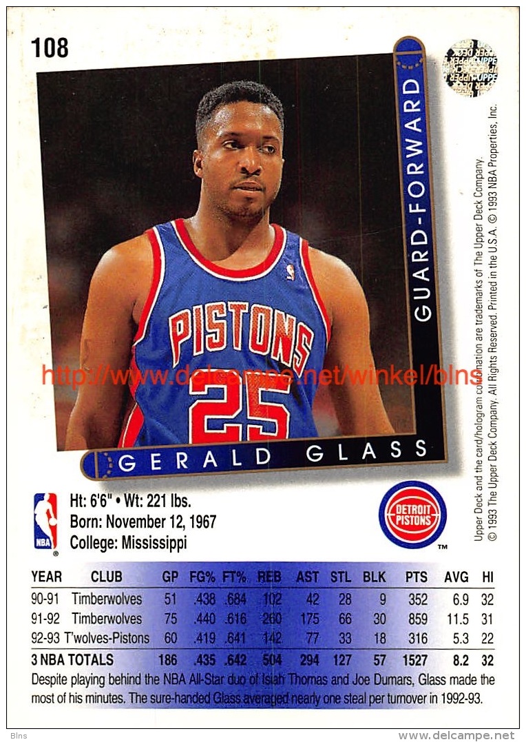 Upper Deck 93/94 Nr: &nbsp;108 Gerald Glass&nbsp; - 1990-1999