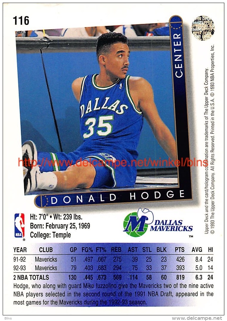 Upper Deck 93/94 Nr: &nbsp;116 Donald Hodge&nbsp; - 1990-1999