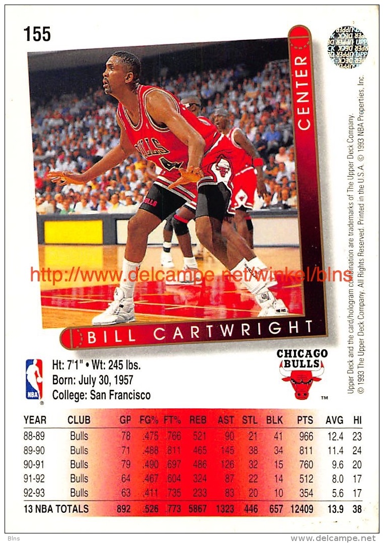 Upper Deck 93/94 Nr: &nbsp;155 Bill Cartwright&nbsp; - 1990-1999