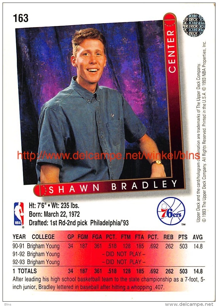 Upper Deck 93/94 Nr: &nbsp;163 Shawn Bradley RC - 1990-1999