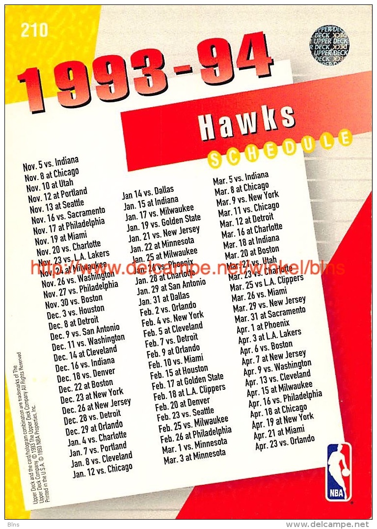 Upper Deck 93/94 Nr: &nbsp;210 Atlanta Hawks SCH - 1990-1999