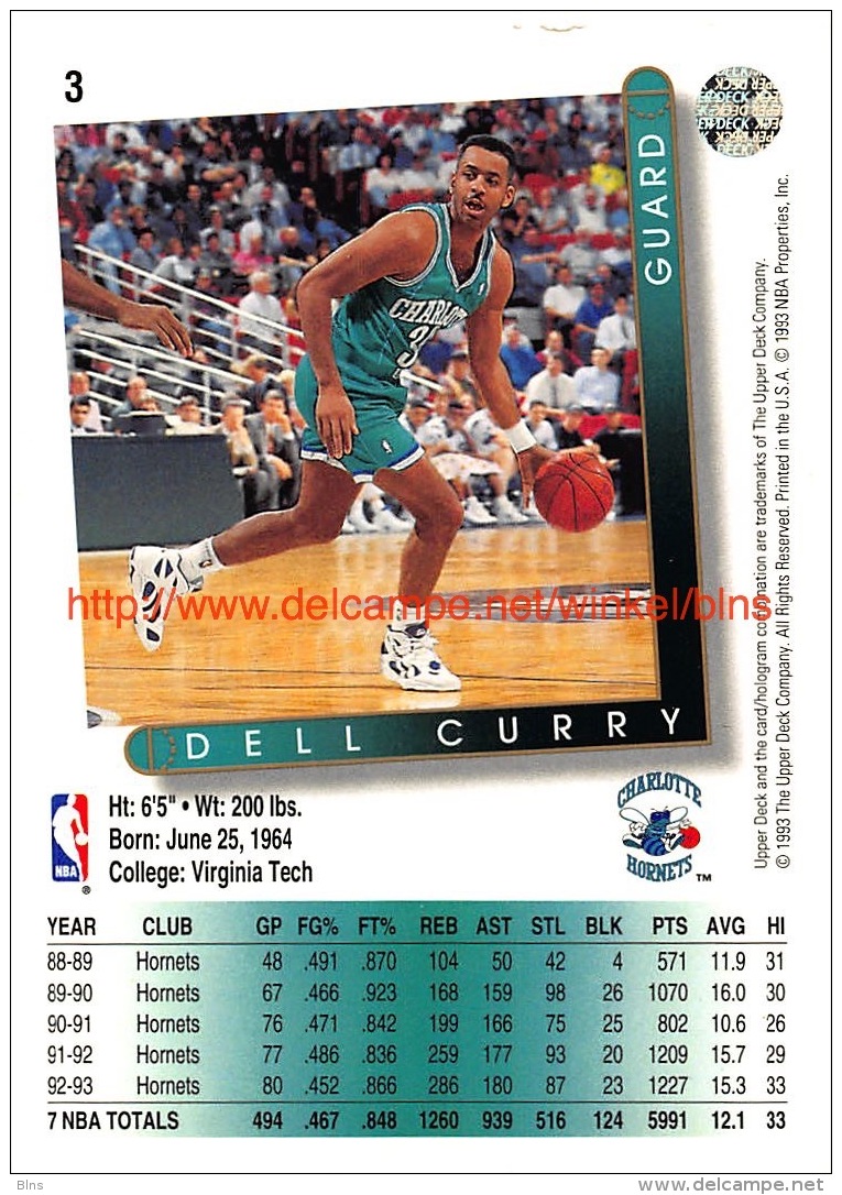 Upper Deck 93/94 Nr: &nbsp;3 Dell Curry&nbsp; - 1990-1999