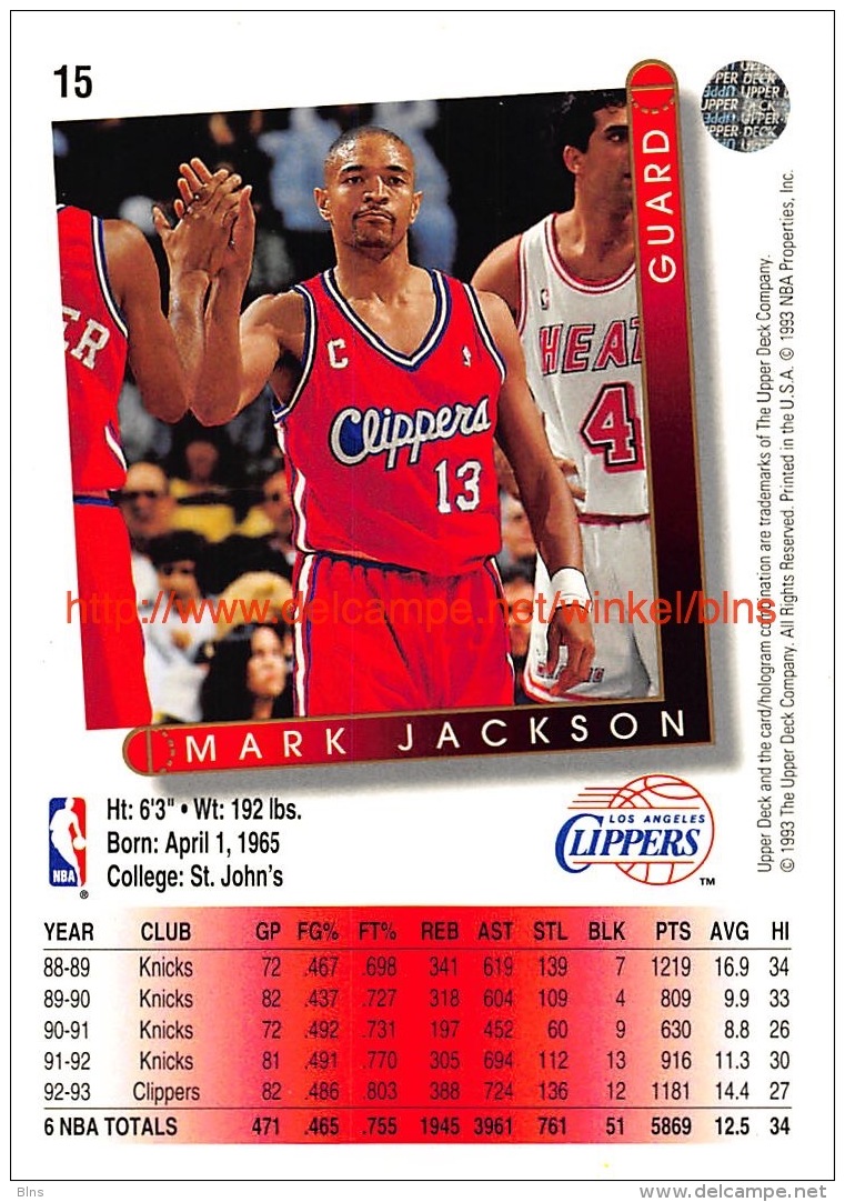 Upper Deck 93/94 Nr: &nbsp;15 Mark Jackson&nbsp; - 1990-1999