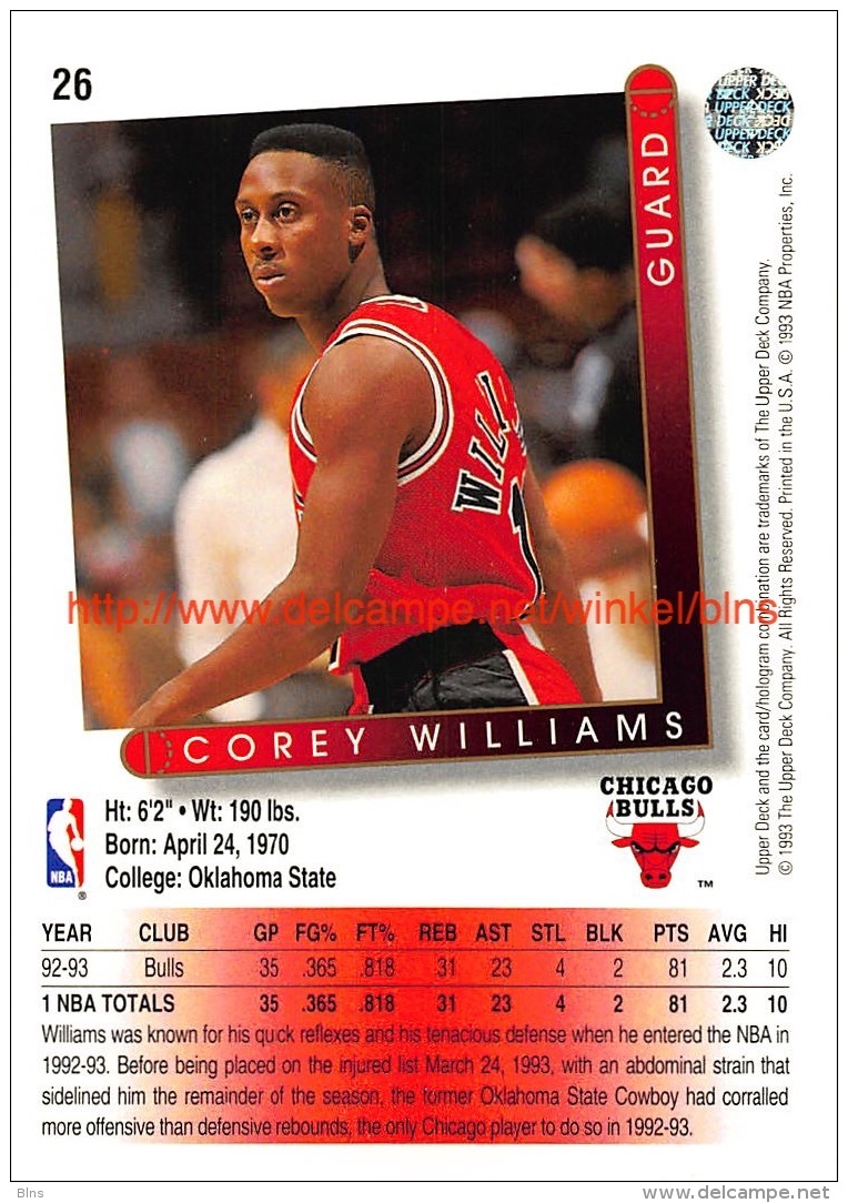 Upper Deck 93/94 Nr: &nbsp;26 Corey Williams&nbsp; - 1990-1999