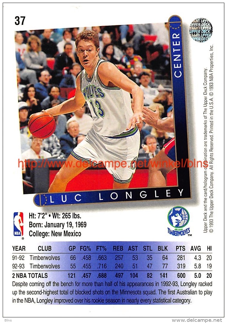 Upper Deck 93/94 Nr: &nbsp;37 Luc Longley&nbsp; - 1990-1999